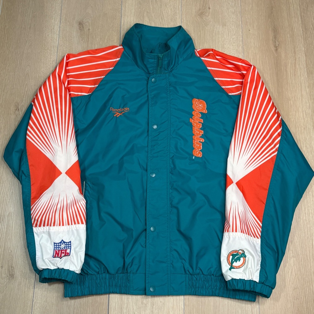 Vintage Reebok Miami Dolphins NFL Pro Line Windbreaker Jacket Teal Orange Mens L